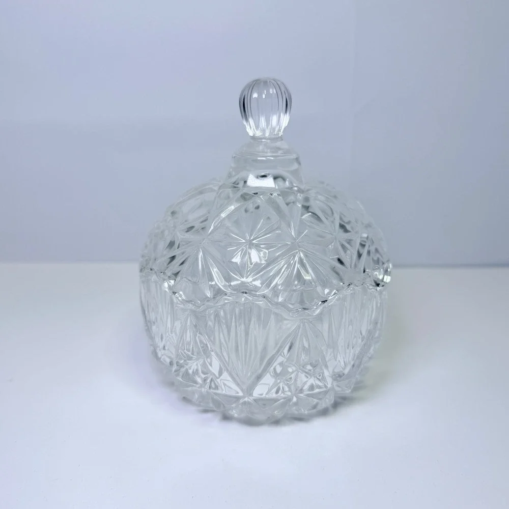 Vintage Clear Pressed‎ Glass Covered Candy Dish Starburst Diamond Pattern Lid